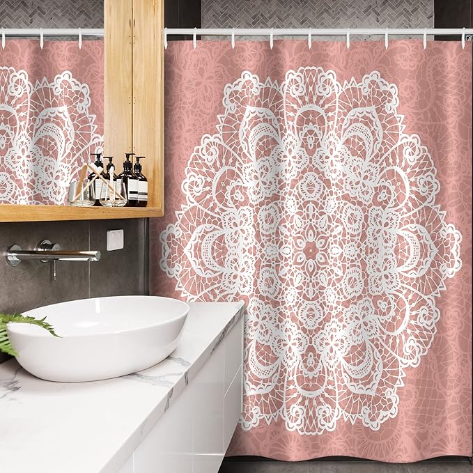 Ambesonne Mandala Stall Shower Curtain, Lace Style Vector Mandala Vintage Abstract Floral Ornamental Design Print, Fabric Bathroom Decor Set with Hooks, 54" W x 78" L, Dried Rose White