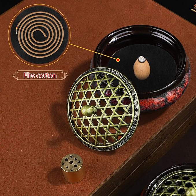 Ceramic Incense Burner for Cone and Backflow Incense, Metal Lid, Stainless Steel Incense Holder, Incense Bowl with Incense Cone Holder & Burner Holder (Fambe Red)