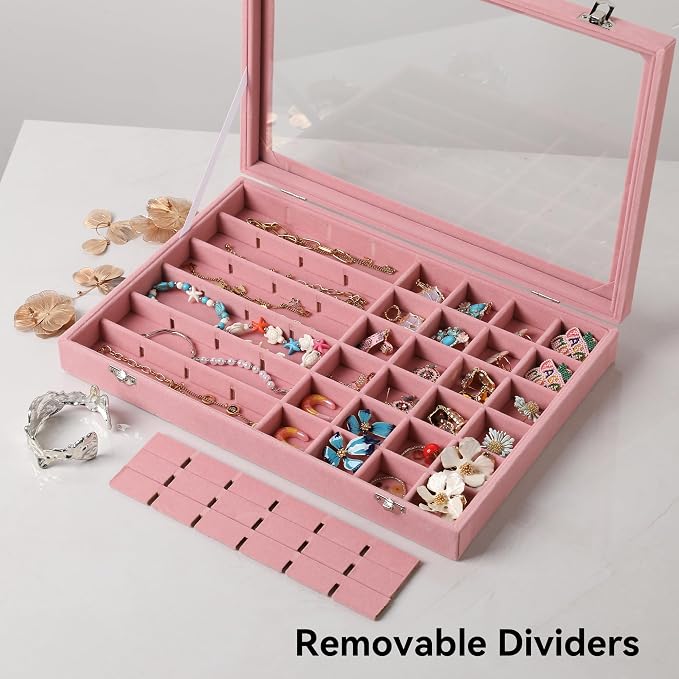 Frebeauty 48 Grid Earring Organizer,Velvet Jewelry Tray with Clear Lid | Drawer Jewelry Organizer for Rings Studs Beads,Adjustable Dividers,Dustproof,Earring Storage,Trinket Box,13.8×9.5Inches
