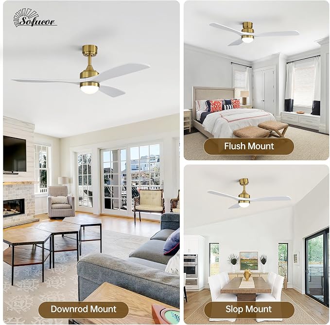 Sofucor 52" Solid Wood Ceiling Fan Lights, Flush Mount & Downrod Mount Ceiling Fan with Lights and Remote, Wood Blades Modern Outdoor Ceiling Fans for Bedroom/Farmhouse/Patio/Indoor