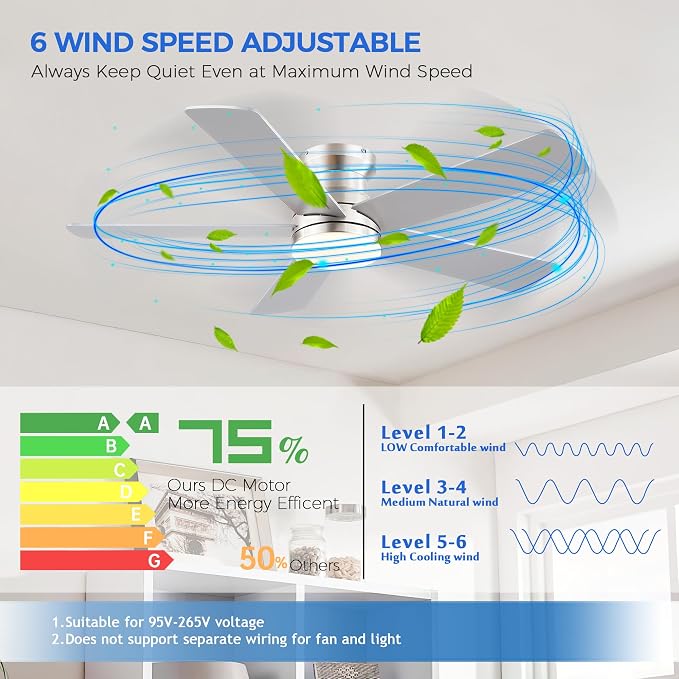 Ayaoty Flush Mount Low Profile Ceiling Fans with Lights - Modern Ceiling Fan with LED Dimming, Timer, 6Wind Speeds, Indoor Fan Light Fixture for Bedroom, Kitchen, Nickel