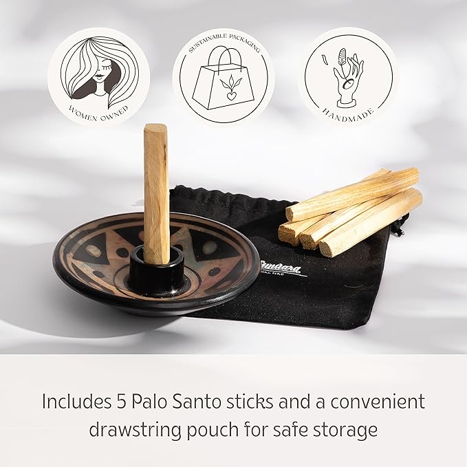 Palo Santo Holder with 5 Sticks - Luna Sundara Handmade Ceramic Incense Burner - Apricot Chulucanas Pottery from Peru - Smudge Bowl for Sage - Aromatherapy Gift Set