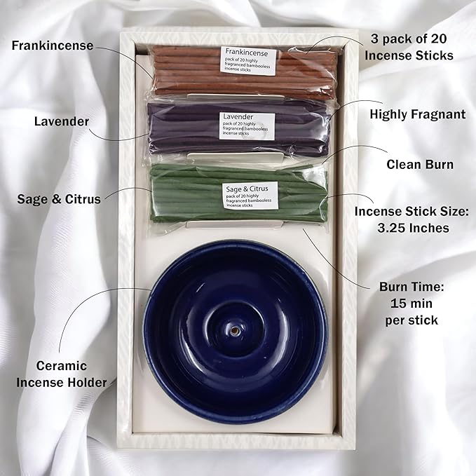 Hosley Incense Gift Set 6-Pack - Includes 60 Incense Sticks & Ceramic Holder - Ideal Bathroom Set for Meditation, Spa, or Relaxing Atmosphere