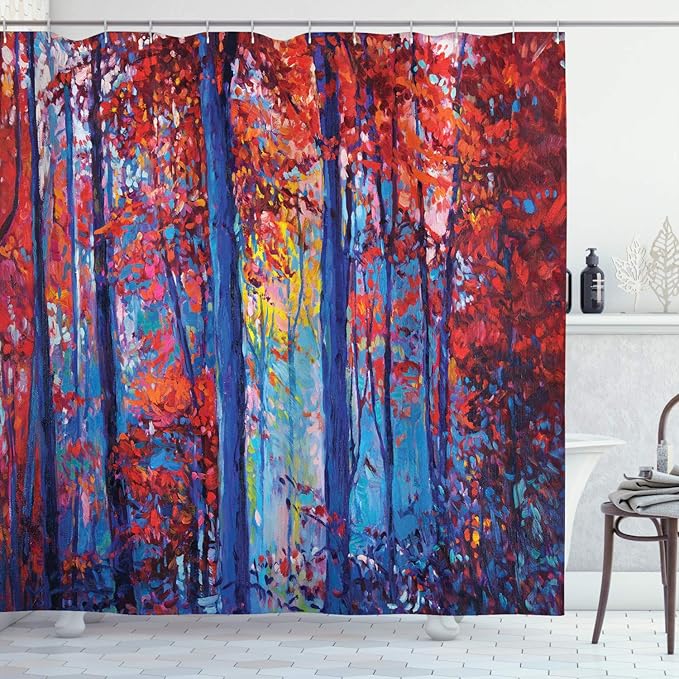 Ambesonne Forest Shower Curtain, Oil Painting View Autumn Forest Modern Impressionism Artwork Print, Cloth Fabric Bathroom Decor Set with Hooks, 69" W x 75" L, Scarlet Blue