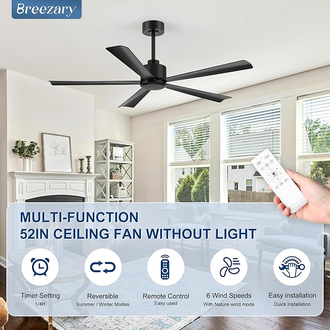 52 inch 5 Blade Ceiling Fans without Light Remote Control, Quiet Reversible DC Motor, 5 Black Blades, 6-Speed, Industrial Ceiling Fan for Home Kitchen (Black)