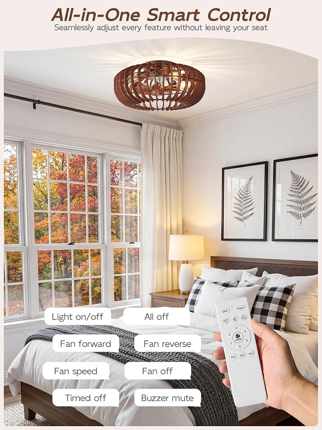 20" Wood Ceiling Fans with Lights Flush Mount, Caged Farmhouse Rustic Ceiling Fan with Light Remote Control, Wooden Low Profile for Bedroom, Living Room, Nursery