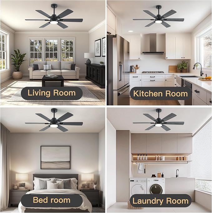 OURSTAR Ceiling Fans with Lights and Remote Control, Black Ceiling Fan with Light 3-Color LED Dimmable, Memory for Lighting and Fan Reversible, 6-Speed, Timer, Indoor/Outdoor Use, 52 Inch