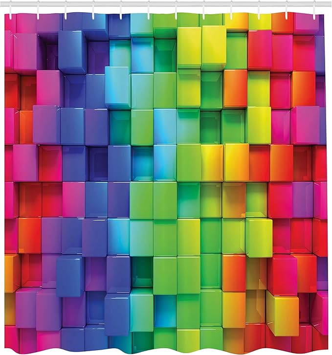 Ambesonne Colorful Shower Curtain, Rainbow Colored Contour Display Futuristic Block Brick-Like Geometric Artisan, Cloth Fabric Bathroom Decor Set with Hooks, 69" W x 84" L, Sky Blue Indigo Fern Green