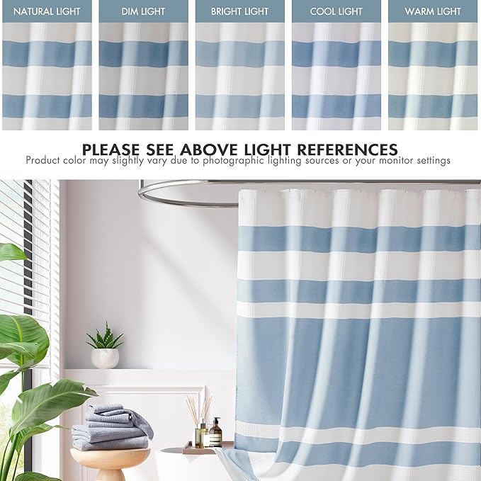 Madison Park Shower Curtain Waffle Weave Striped Pieced Design Fabric Shower Curtains for Bathroom with 3M Scotchgard Moisture Management Premium Spa Quality Modern Standard 72"x72" Blue