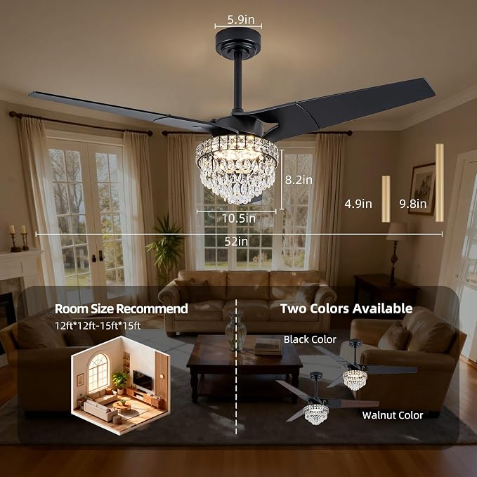 Chandelier Ceiling Fans With Lights And Remote, Chandelier Fan Ceiling,Crystal Ceiling Fan Fandelier With Lights,6 Speed 3 Timer Quiet Ceiling With Fans For Living Room Bedroom (Black, 52 In'ch)