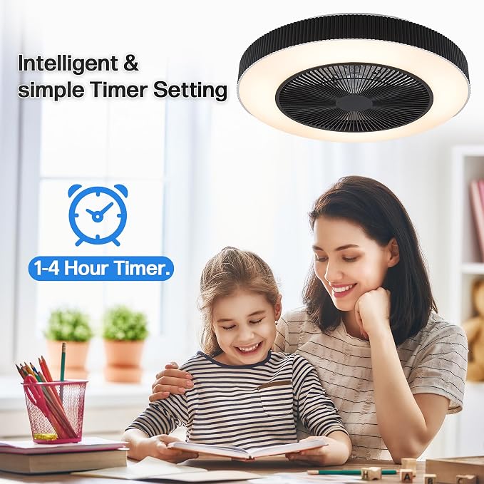 20" Bladeless Ceiling Fans with Light Remote Control,LED Smart Flush Mount Ceiling Fan With light for Bedroom, Kids Room, Reversible Motor, 6 Wind Speed, 3000LM, 57W-White/Black (Black)