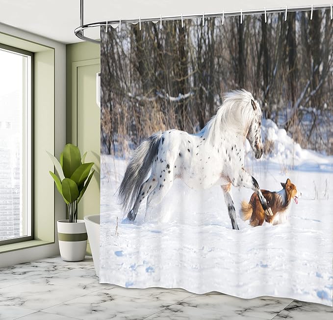 Ambesonne Horses Shower Curtain, Appaloosa Pony and Sable Border Collie Runs Gallop in Winter Photo Print, Cloth Fabric Bathroom Decor Set with Hooks, 69" W x 70" L, Brown White