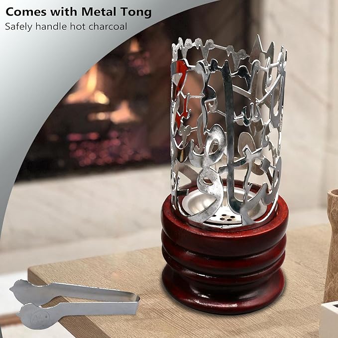 AM Bakhoor Calligraphy Incense Burner - Metalic Resin Cone Holder | Wooden Base | Frankincense Charcoal Burner Mabkhara | Spiritual Gifts for Office & Home Decor (Silver)