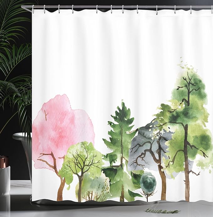 Ambesonne Forest Shower Curtain, Colorful Forest with Oak and Willow Growth Purity Nobility in Mother Earth Theme Art, Cloth Fabric Bathroom Decor Set with Hooks, 69" W x 70" L, Green Magenta