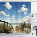 Ambesonne Beach Shower Curtain, Sandy Path Leads to Ocean Pacific Puffy Clouds Vacation Serene Relaxing Beach, Cloth Fabric Bathroom Decor Set with Hooks, 69" W x 75" L, White Cream