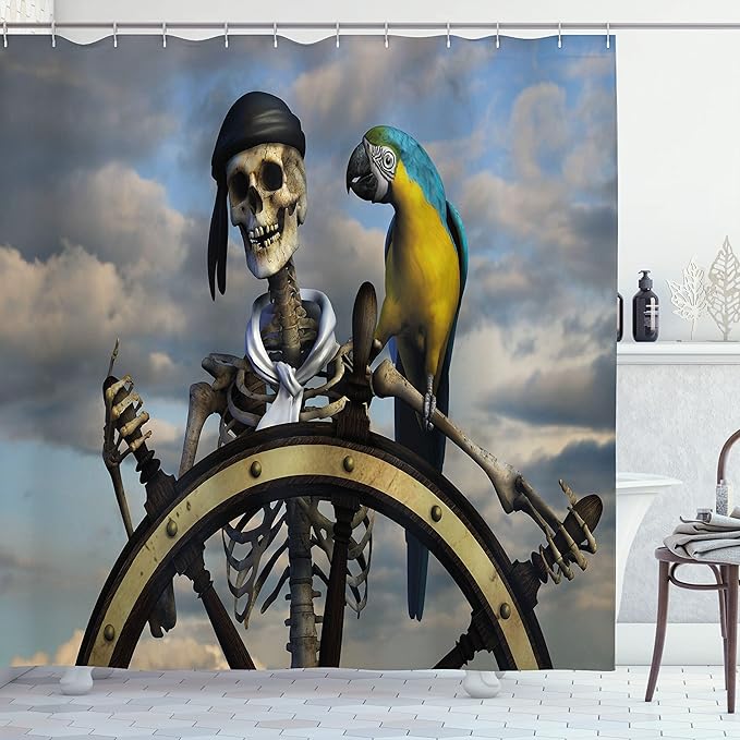 Ambesonne Pirate Shower Curtain, Skeleton Corsair Captain on Steering Wheel Exotic Macaw Parrot Bandit Cloudy Sky, Cloth Fabric Bathroom Decor Set with Hooks, 69" W x 70" L, Multicolor