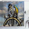 Ambesonne Pirate Shower Curtain, Skeleton Corsair Captain on Steering Wheel Exotic Macaw Parrot Bandit Cloudy Sky, Cloth Fabric Bathroom Decor Set with Hooks, 69" W x 70" L, Multicolor