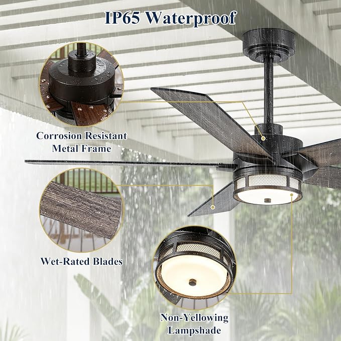 NORFOLK 52 Inch Outdoor Waterproof Ceiling Fans with Lights, Rustic Ceiling Fan and Remote for patios, Wet Rated 3 Color LED Lighting for Patios, Gazebos and Farmhouse