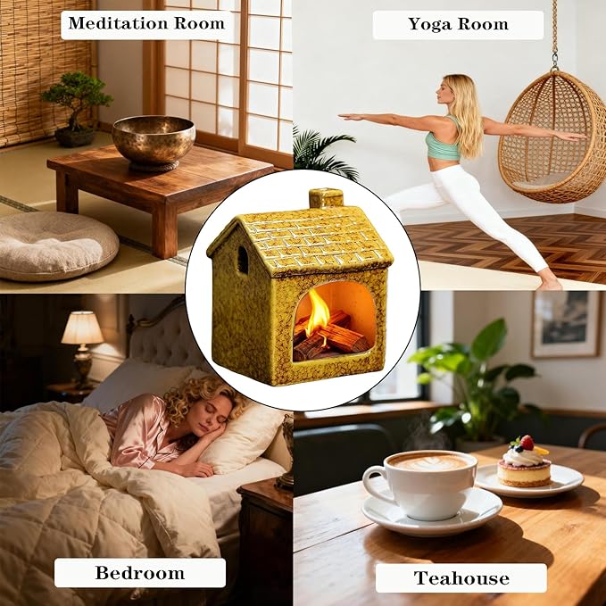 Ceramic Mini Chiminea Palo Santo Burner | Sage & Incense Cone Holder | Stable Smudge Bowl for Zen Altar, Meditation, Yoga | Home Decor & Gift (Yellow)