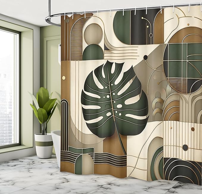 Ambesonne Modern Shower Curtain, Exotic Boho Concept Monstera Leaf with Mid Century Arch Lines Tan Tones, Cloth Fabric Bathroom Decor Set with Hooks, 69" W x 84" L, Hunter Green Eggshell