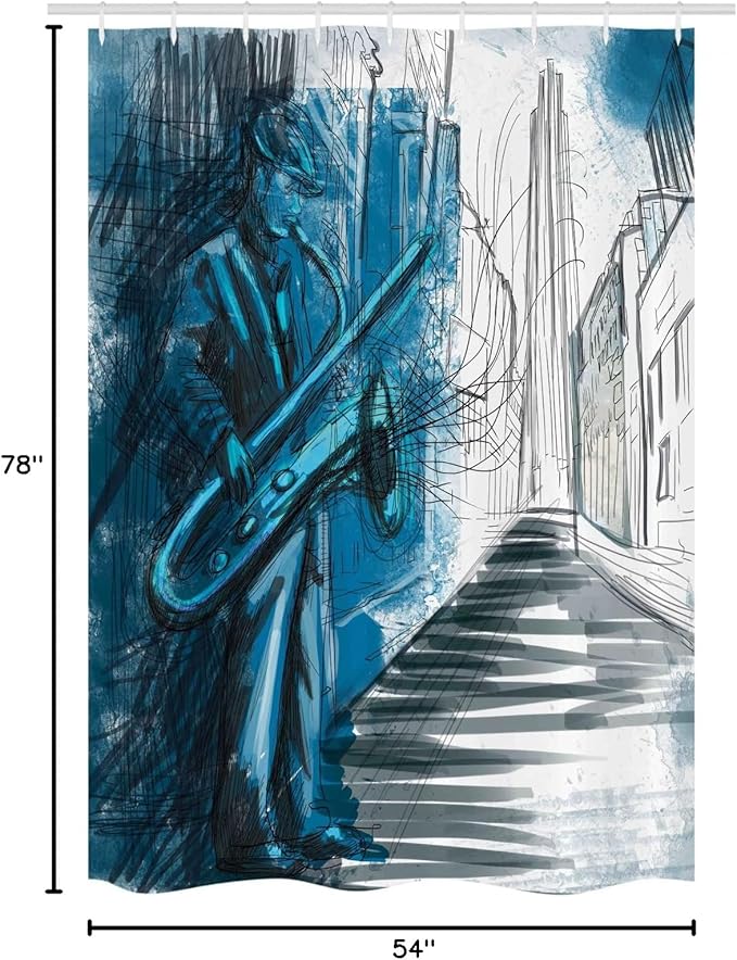 Ambesonne Music Stall Shower Curtain, Saxophone Man Playing Solo in The Street at Night Vibes Contemporary Graphic Design of Artwork, Fabric Bathroom Decor Set with Hooks, 54" W x 78" L, Blue White