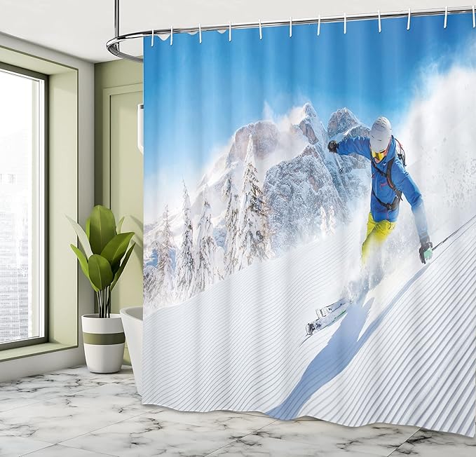Ambesonne Winter Shower Curtain, Skier Skiing Downhill in High Mountains Extreme Winter Sports Hobby Activity, Cloth Fabric Bathroom Decor Set with Hooks, 69" W x 70" L, Blue White