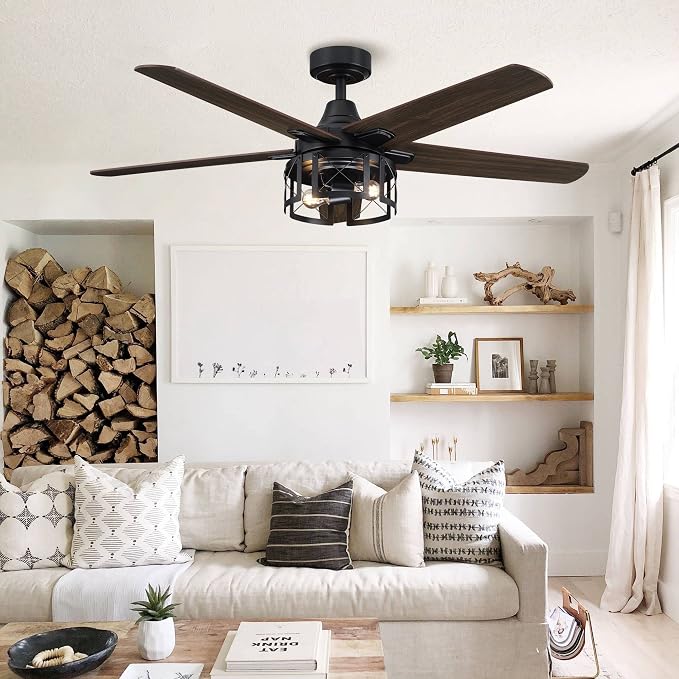 52 Inch Farmhouse Ceiling Fans with Lights, Rustic Cage Ceiling Fan with Remote, 3-Speed Reversible Motor, Outdoor Ceiling Fan for Living Room, Bedroom, Patio
