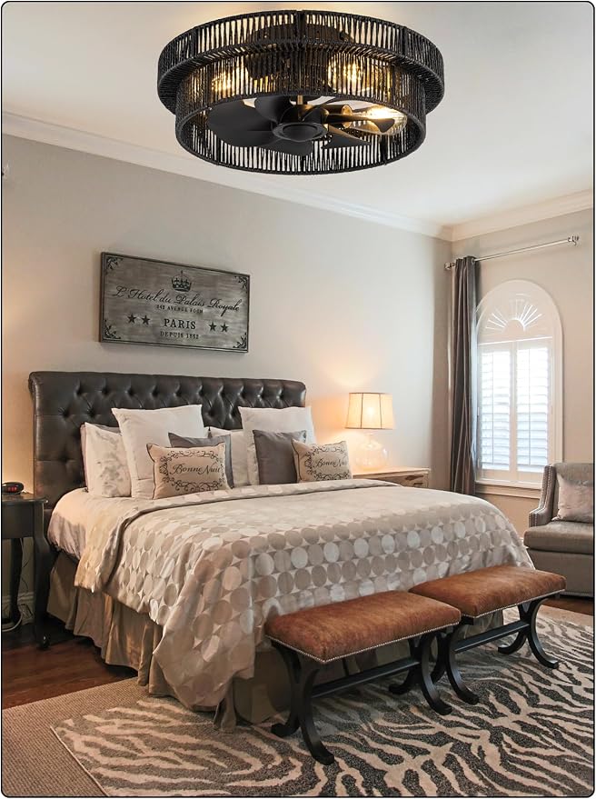 Handwoven Boho Ceiling Fans with Lights Flush Mount,Rattan Farmhouse Caged Fandelier Low Profile Enclosed Chandelier Fan with 6 Speeds for Bedroom,Nursery,Dining Room(Black)