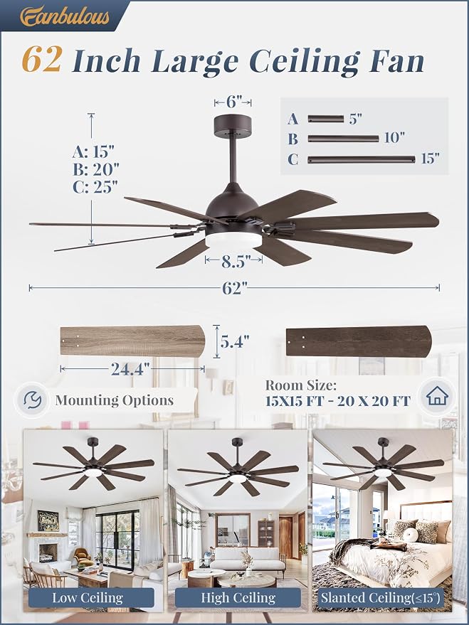 Fanbulous 62 Inch Ceiling Fans with Lights, Oil Bronze Modern Ceiling Fan with Remote,Large Farmhouse Indoor & Outdoor Ceiling Fan with 8 Dual Finish Blades, Quiet DC Motor, Bright LED Light
