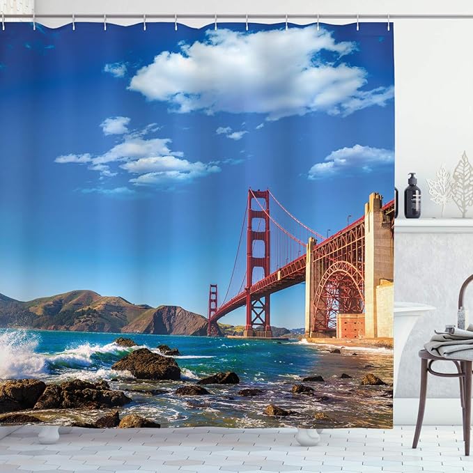 Ambesonne Landscape Shower Curtain, San Francisco Golden Gate Bridge Rocky Sea Waterscape Scenic Coastline Vacation, Cloth Fabric Bathroom Decor Set with Hooks, 69" W x 75" L, Blue