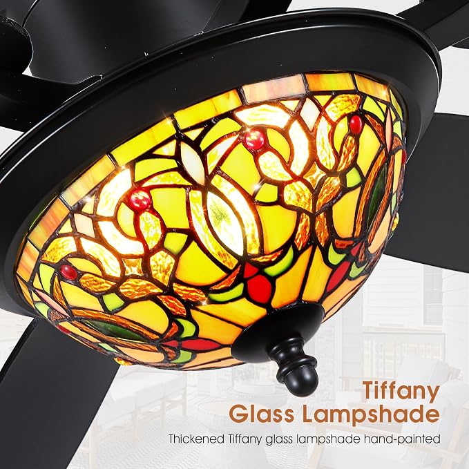 Tiffany Ceiling Fans with Lights - 52" Ceiling Fan Chandelier with Stained Glass Shade, 6 Speeds Reversible 6 Dual-Blades, Flush Mount, 3 CCT Dimmable LED Lights, Remote & APP Control, Farmhouse