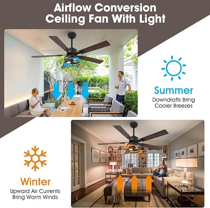 52" Farmhouse Ceiling Fan with Light and Remote, Ceilings Fan Dual Finish 5 Blades 6-Speed Quiet and Reversible DC Motor, Rustic Ceiling Fans with Light for Bedroom Living Room and Kitchen