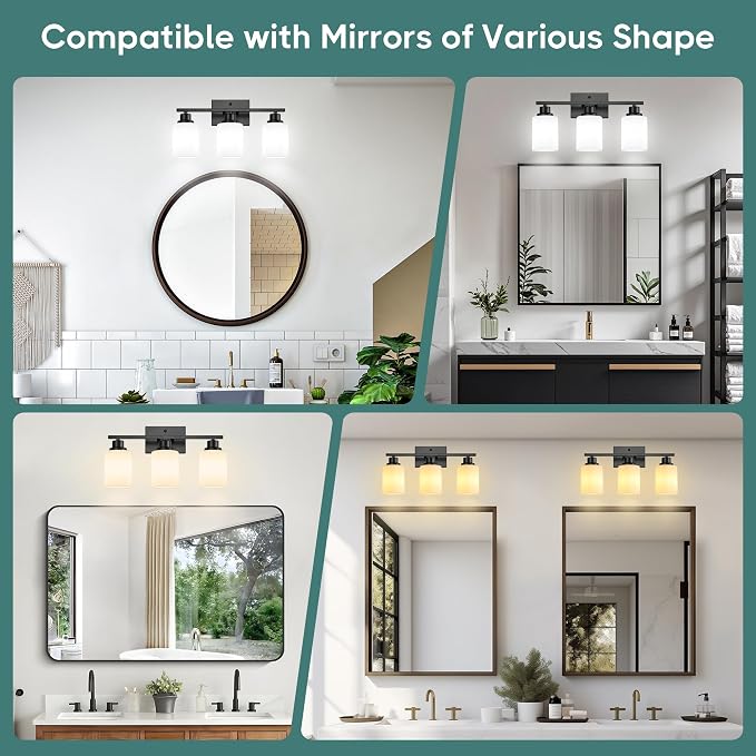 Ascher Bathroom Light Fixtures, 3-Light Vanity Light Over Mirror, Black Wall Sconces with Milky White Frosted Glass Shades, Wall Lamp for Living Room Bedroom, E26 Base(Bulbs Not Included)