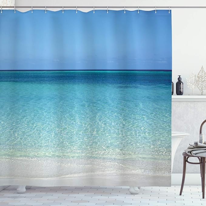 Ambesonne Ocean Shower Curtain, Clear Water at Beach in Atlantic Sea Cuba Coasts with Sky Scenery Art, Cloth Fabric Bathroom Decor Set with Hooks, 69" W x 70" L, Cream Turquoise