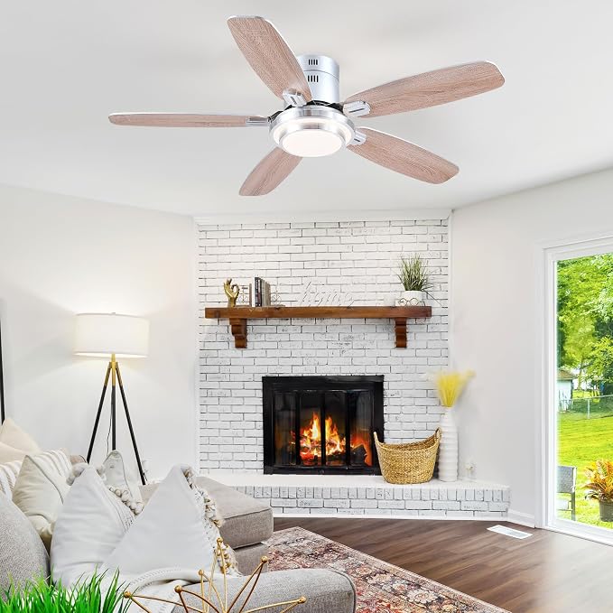 Hounberi 50 Inch Low Profile Ceiling Fans with Lights and Remote, Modern Brushed Nickel Flush Mount Ceiling Fan, 3CCT, Dimmable, Quiet DC Reversible Motor, for Bedroom Living Room Indoor/Outdoor Use