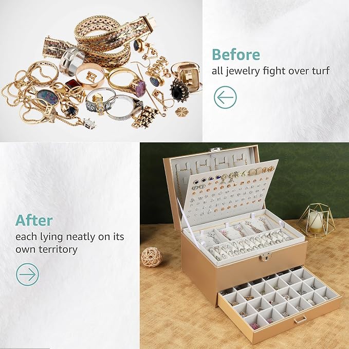 BOOVO Large Jewelry Boxes For Women (Champagne) | 5 Layers Jewelry Organizer Box With Cosmetic Storage Drawer, Necklace Ring Jewelry Organizer Box