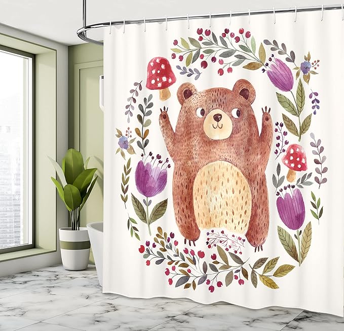 Ambesonne Watercolor Flower Shower Curtain, Illustration of Happy Little Bear in Frame of Flowers Mushrooms Wreath, Cloth Fabric Bathroom Decor Set with Hooks, 69" W x 75" L, Purple Green