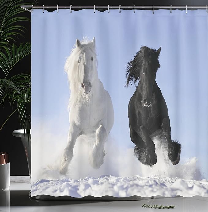 Ambesonne Horses Shower Curtain, Competing Racing Black and White Animals on The Snow Angel and Evil Mythical Symbolic Creatures Print, Cloth Fabric Bathroom Decor Set with Hooks, 69" W x 84" L, Blue