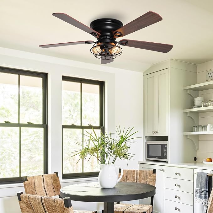 48 Inch Farmhouse Ceiling Fan with Light and Remote, Flush Mount Low Profile Ceiling Fans with Reversible Quiet Motor, Caged Ceiling Fan for Bedroom Living Room Patio
