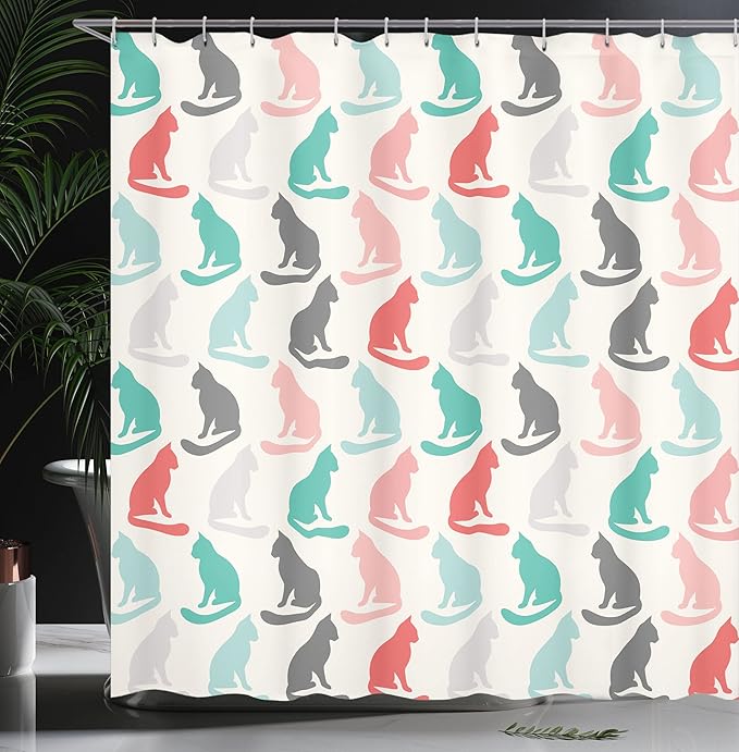 Ambesonne Cat Shower Curtain, Pastel Colored Pattern of Sitting Animal Silhouettes Kittens Pet Repetition Simplistic Illustration, Cloth Fabric Bathroom Set with Hooks, 69" W x 70" L, Turquoise Coral