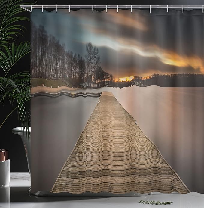 Ambesonne Landscape Shower Curtain, Lake Landscape with Jetty Cloudy and Dramatic Sky Scene at Sunset Image, Cloth Fabric Bathroom Decor Set with Hooks, 69" W x 84" L, Umber Black