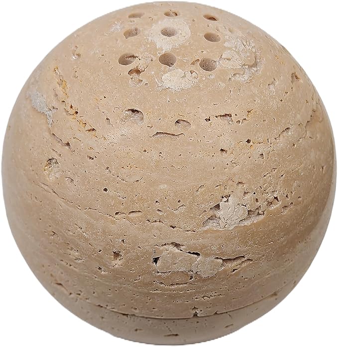 Natural Stone Sphere Incense Holder: 4" D Hand-Carved Aromatherapy Burner for Yoga, Meditation & Relaxation, Elegant Multi-Hole Design, Beige Travertine