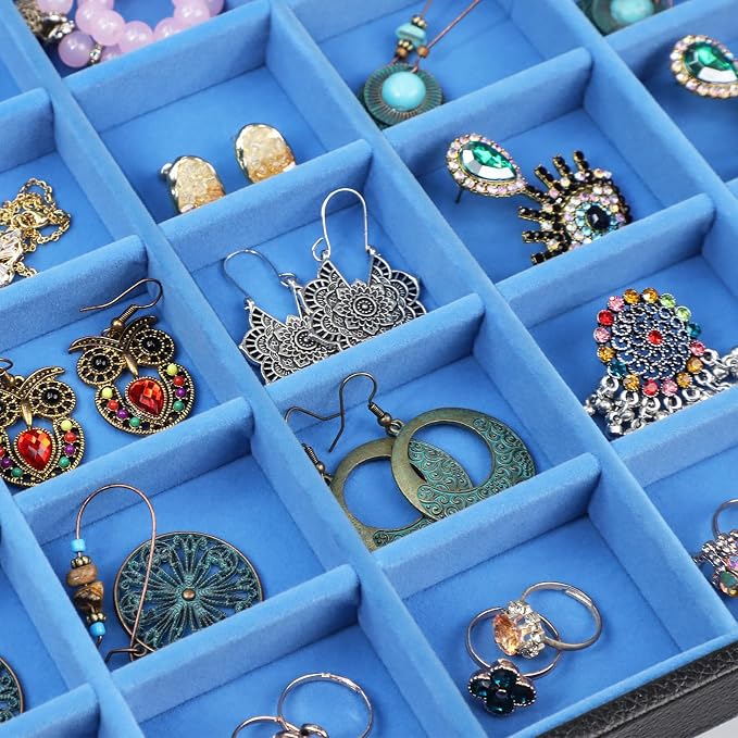 Stratalife 30 Grid Earring Organizer, Jewelry Holder Organizer with Lid | PU Leather Storage Box for Earring, Ring, Studs and Trinkets, Soft Velvet Drawer Organizer for Women, Dustproof, Blue Black