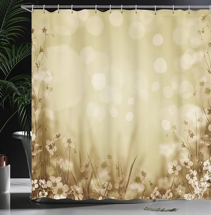 Ambesonne Flower Shower Curtain, Blossom Field with Fresh Grass Soft Springtime Blurred Illustration, Cloth Fabric Bathroom Decor Set with Hooks, 69" W x 84" L, Dark Khaki