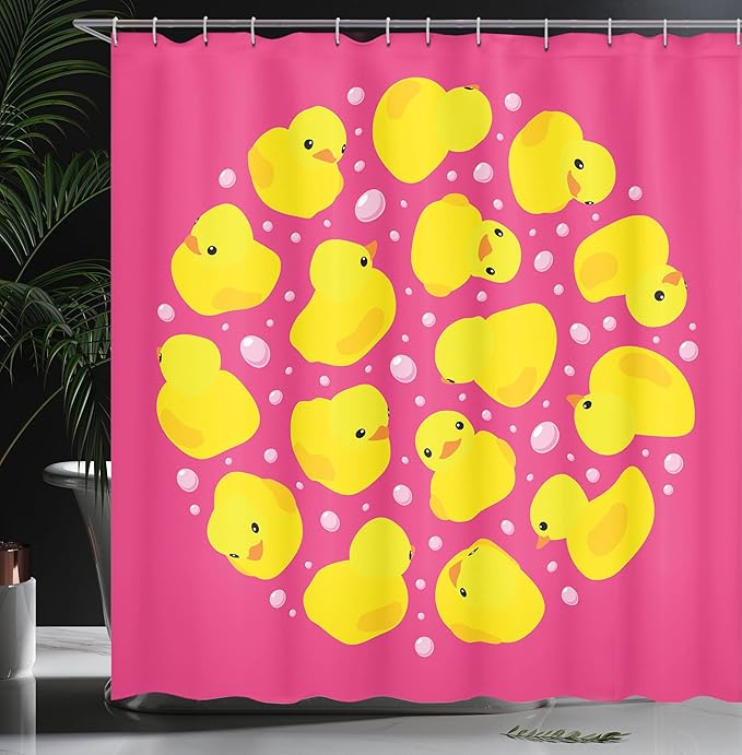 Ambesonne Rubber Duck Shower Curtain, Fun Duckies Circle Pattern Bath Bubbles Animal Print, Cloth Fabric Bathroom Decor Set with Hooks, 69" W x 70" L, Yellow Pink