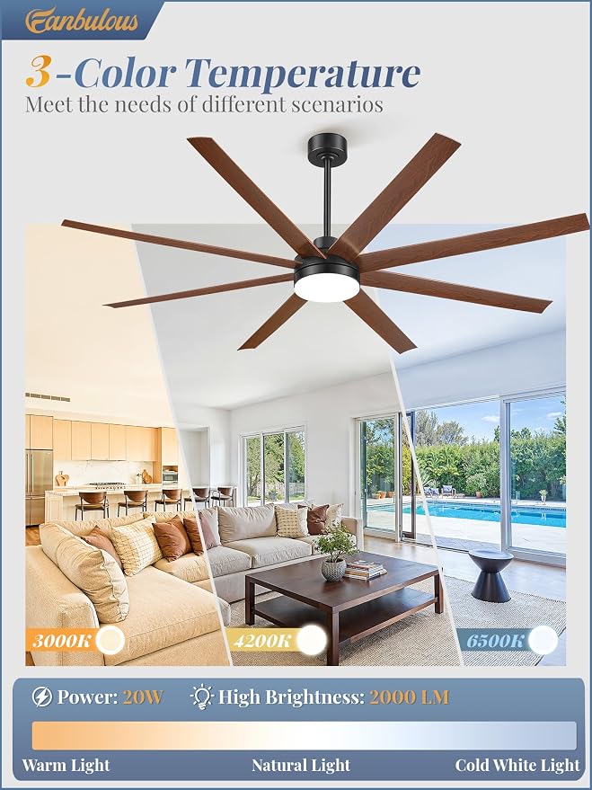 Fanbulous 72 Inch Large Ceiling Fans with Lights, Black Ceiling Fan with Remote Control, Dimmable, 3CCT, Quiet, Modern Ceiling fan For Living Room, Bedroom, Kitchen, Patio, Outdoor