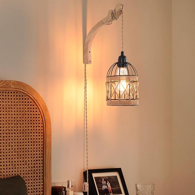 Plug in Wall Sconce,Farmhouse Wicker Wall Lamp Plug in,Hand Woven Rattan Wall Light Farmhouse Rustic Boho Sconces Wall Lighting for Living Room Bedroom