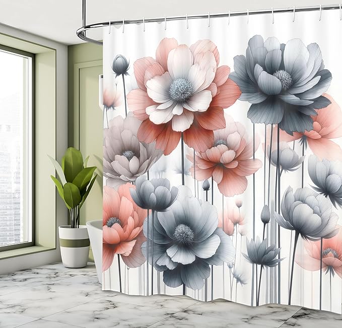 Ambesonne Floral Shower Curtain, Cold Pastel Tones Bloomed Flowers Paint a Winter Call Theme Illustration, Cloth Fabric Bathroom Decor Set with Hooks, 69" W x 84" L, Blue Grey Pale Salmon