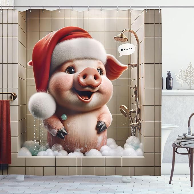 Ambesonne Christmas Shower Curtain, Funny Pig Wearing a Santa Hat in The Shower with Bubbles Whimsical, Cloth Fabric Bathroom Decor Set with Hooks, 69" W x 70" L, Vermilion Blush Eggshell