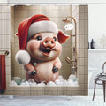 Ambesonne Christmas Shower Curtain, Funny Pig Wearing a Santa Hat in The Shower with Bubbles Whimsical, Cloth Fabric Bathroom Decor Set with Hooks, 69" W x 75" L, Vermilion Blush Eggshell